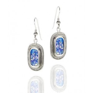 Rafael Jewelry Oval Sterling Silver Earrings with Roman Glass & Filigree Decoration Israeli Earrings