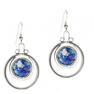 Rafael Jewelry Designer Circular Earrings in Sterling Silver and Roman Glass
 Israeli Earrings