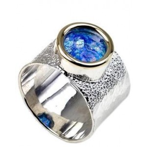 Sterling Silver Ring with Roman Glass and 9k Yellow Gold-Rafael Jewelry Jewish Rings