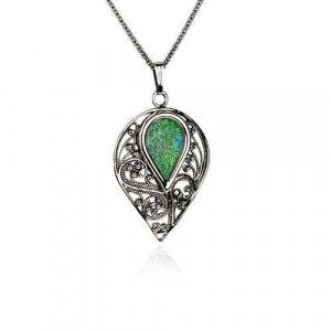 Sterling Silver Pendant in Drop Shape with Roman Glass by Rafael Jewelry Designer Jewish Necklaces