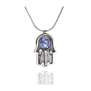 Hamsa Pendant in Sterling Silver & Roman Glass with Jerusalem Motif Rafael Jewelry Designer Jewish Necklaces