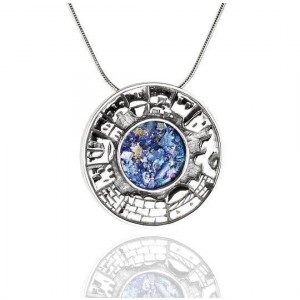 Round Roman Glass Pendant in Sterling Silver with Jerusalem Motif Rafael Jewelry Designer Artists & Brands