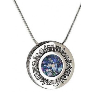 Sterling Silver Pendant with Roman Glass and Jerusalem Engraving-Rafael Jewelry Jewish Necklaces