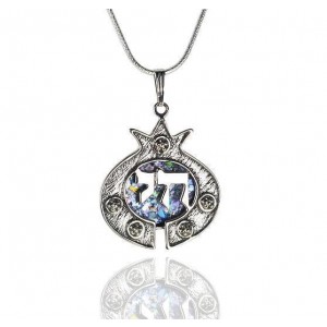 Pomegranate Pendant with Chai in Sterling Silver & Roman Glass-Rafael Jewelry Jewish Necklaces