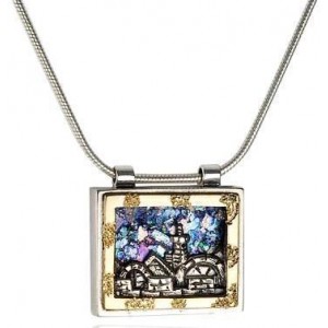 Roman Glass Pendant in Sterling Silver & 9k Yellow Gold with Jerusalem-Rafael Jewelry
 Jewish Necklaces