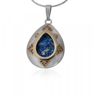 Pendant in Silver & 9k Yellow Gold with Roman Glass in Drop Shape by Rafael Jewelry Jewish Necklaces