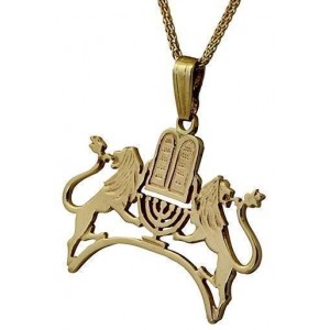 Rafael Jewelry Designer 14k Yellow Gold Pendant with Ten Commandments & Lions of Judah Jewish Necklaces