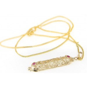 Filigree 14k Yellow Gold Pendant with Ruby Stones Rafael Jewelry Designer Jewish Jewelry