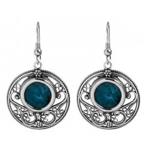 Round Sterling Silver Earrings with Eilat Stone and Swirling Carvings-Rafael Jewelry Default Category