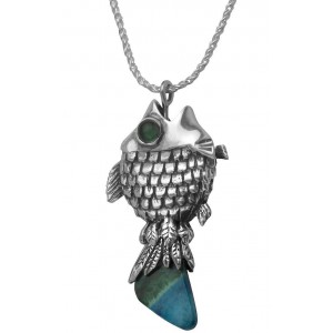 Sterling Silver Fish Pendant with Eilat Stone & Emerald by Rafael Jewelry Jewish Necklaces