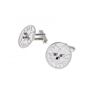 Silver Shekel Cufflinks with Holy Jerusalem Engraving in Ancient Hebrew & Sapphire by Rafael Jewelry Men's Jewelry