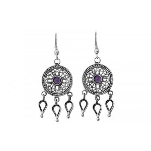 Round Sterling Silver Earrings with Drops & Amethyst by Rafael Jewelry Israeli Earrings