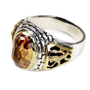 Rafael Jewelry Sterling Silver Ring with Yellow Gold Lion of Judah & Jerusalem Motif and Champagne Stone