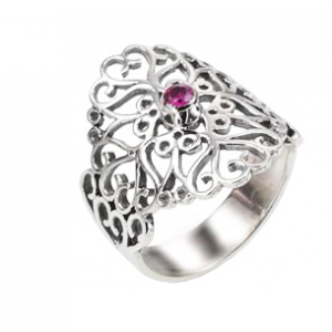 Rafael Jewelry Sterling Silver Ring with Ruby in Heart Cutouts Jewish Rings