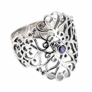 Rafael Jewelry Sterling Silver Ring with Sapphire in Heart Cutouts Jewish Rings
