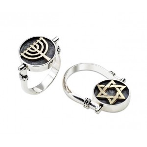 Double Sided Sterling Silver Ring with Star of David & Menorah in 9k Yellow Gold by Rafael Jewelry Jewish Rings