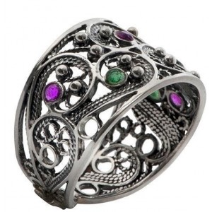 Sterling Silver Ring Filigree & Emeralds and Ruby by Rafael Jewelry Jewish Rings