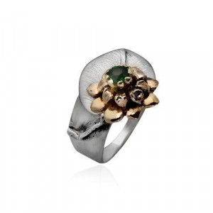 Rafael Jewelry Flower Ring in Sterling Silver and 9k Yellow Gold with Emerald Jewish Rings