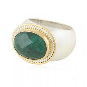 Rafael Jewelry Sterling Silver Ring with 9k Yellow Gold and Emerald Stone Jewish Rings