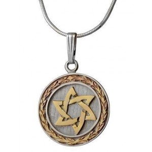 Round Star of David Pendant with Olive Branch in Yellow Gold & Sterling Silver by Rafael Jewelry Jewish Necklaces