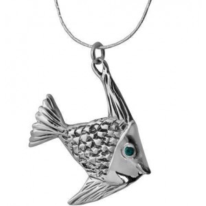 Fish Pendant in Sterling Silver with Emerald Stone by Rafael Jewelry Jewish Jewelry