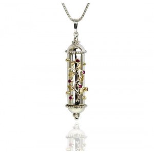 Sterling Silver Amulet Pendant with Ruby and Yellow Gold leaves by Rafael Jewelry Jewish Necklaces