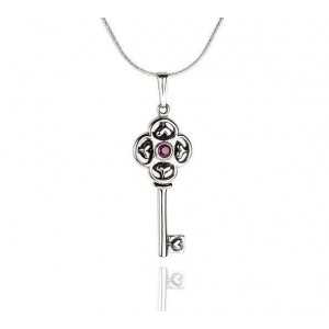 Key Pendant in Sterling Silver with Hearts and Garnet Stone by Rafael Jewelry Jewish Necklaces