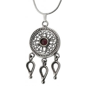 Sterling Silver Pendant with Filigree Garnet and Drops by Rafael Jewelry Jewish Jewelry