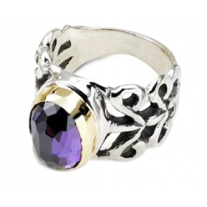 Sterling Silver Ring with Carvings and Amethyst Stone Rafael Jewelry Jewish Rings