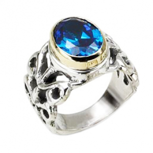 Sterling Silver Ring with Carvings and Blue Topaz Stone Jewish Rings