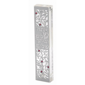 Clear Mezuzah with Vine Detailing & Hebrew Text with Red Gems Mezuzahs