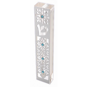 Clear Mezuzah with Silver Flower Design with Turquoise Gems Mezuzahs