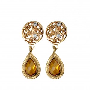 Drop Earrings in 14k Yellow Gold with Champagne Gems by Rafael Jewelry Israeli Earrings