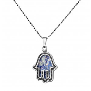 Hamsa Pendant in Sterling Silver with Roman Glass by Rafael Jewelry Jewish Necklaces