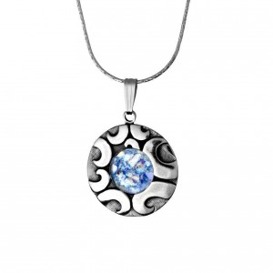 Round Roman Glass and Sterling Silver Pendant by Rafael Jewelry Jewish Jewelry