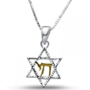 Star of David Necklace in Sterling Silver with Gold-Plated Chai Jewish Home Decor