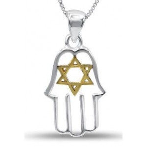 Hamsa Necklace in Sterling Silver with Star of David in Gold-Plating Indimaj Jewelry