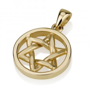 14K Yellow Gold Star of David Pendant in Circle Jewish Necklaces