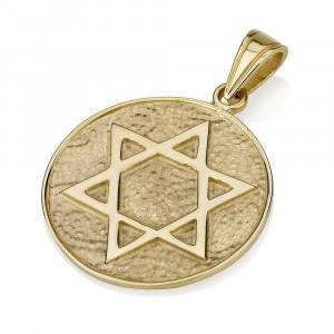 14K Yellow Gold Star of David Pendant with Textured Disk Jewish Necklaces