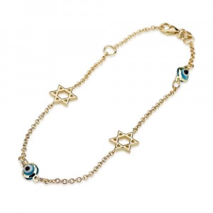 Charm Bracelet with Evil Eye and Star of David 14K Yellow Gold DEALS