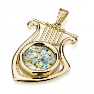 David's lyre Pendant 14K Yellow Gold with Roman Glass by Ben Jewelry Ben Jewelry