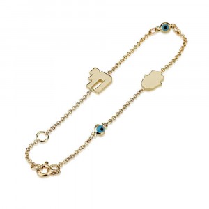 Chai and Evil Eye Bracelet in 14K Yellow Gold By Ben Jewelry Artists & Brands