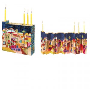 Yair Emanuel Multicolour Accordion Menorah with a Scene of Jerusalem in Wood Candle Holders
