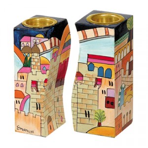 Yair Emanuel Fitted Shabbat Candlesticks with Holy City Depictions Shabbat