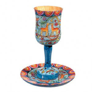 Yair Emanuel Large Wooden Kiddush Cup and Saucer with Oriental Design Shabbat