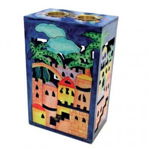 Yair Emanuel Wooden Painted Candlestick Box with Jerusalem Design Shabbat