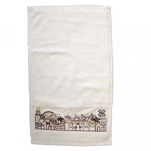 Yair Emanuel Ritual Hand Washing Towel with Embroidered Scene of Jerusalem Washing Cups