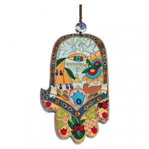 Yair Emanuel Painted Hamsa with Eye Design in Wood - Large Jewish Home Decor