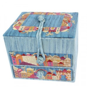 Yair Emanuel Embroidered Jewelry Box With Jerusalem in Blue Yair Emanuel