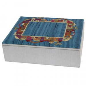 Yair Emanuel Embroidered Jewelry Box With Jerusalem Depictions in Blue